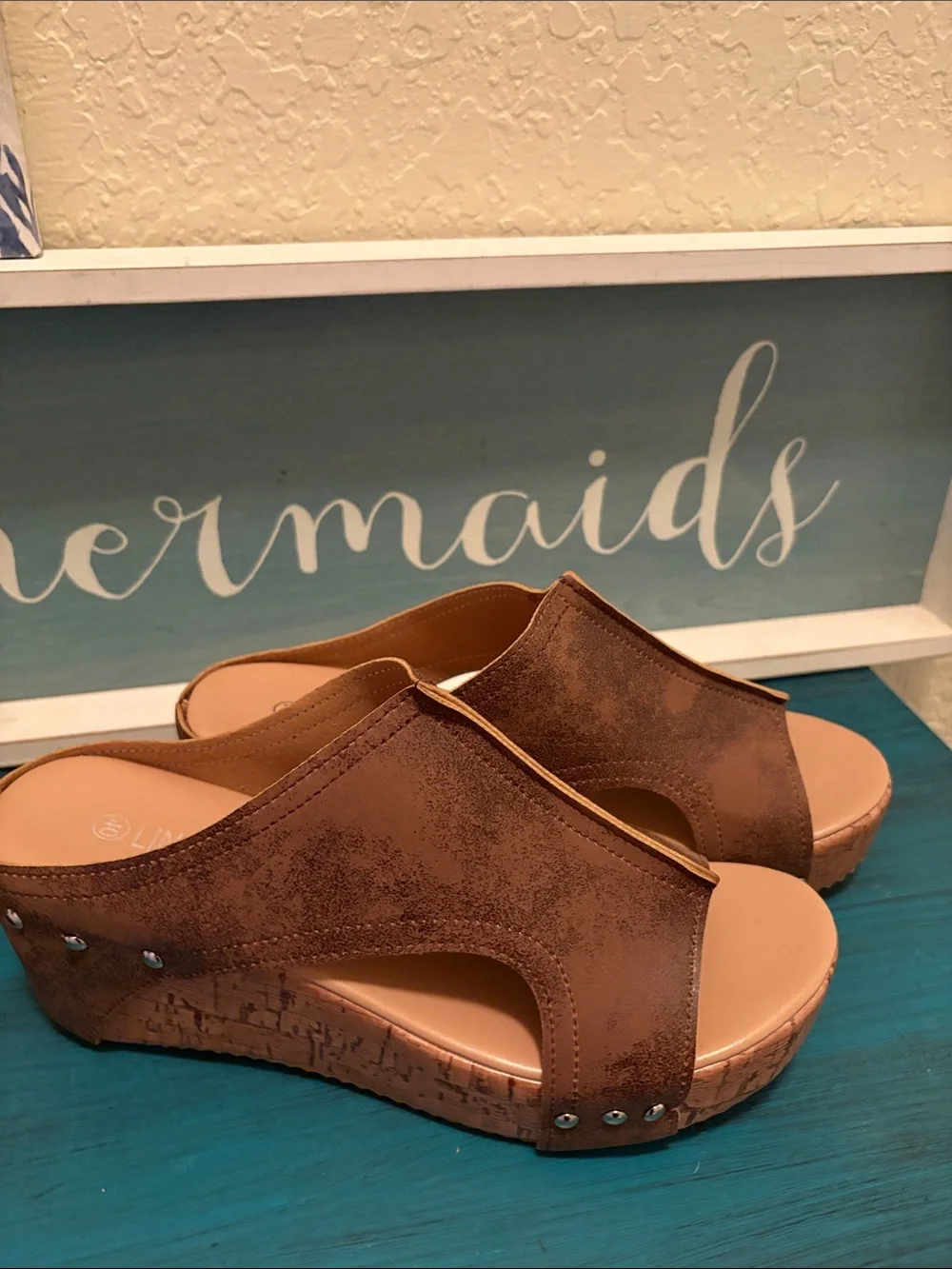 SHEIN Brown Faux-Cork Wedge Slide Sandals